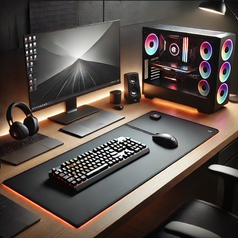 Tapis de souris XXL noir sur bureau gaming avec PC RGB, clavier mécanique et souris. Setup bureau avec tapis de souris classique, laptop et souris sans fil. Accessoire idéal pour gamer et travail